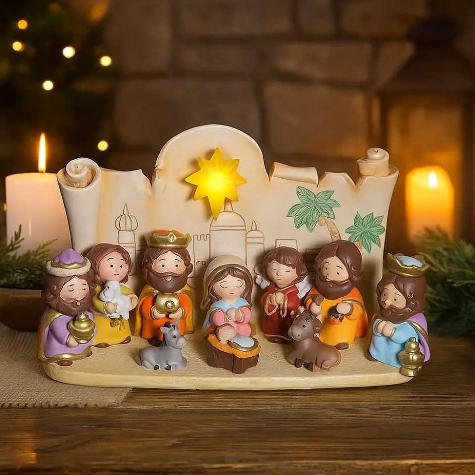 Resin Nativity Manger Ornament Miniature Cartoon Nativity Figurine Hand Painted LED Lights Jesus Child Statue He Decor H251129