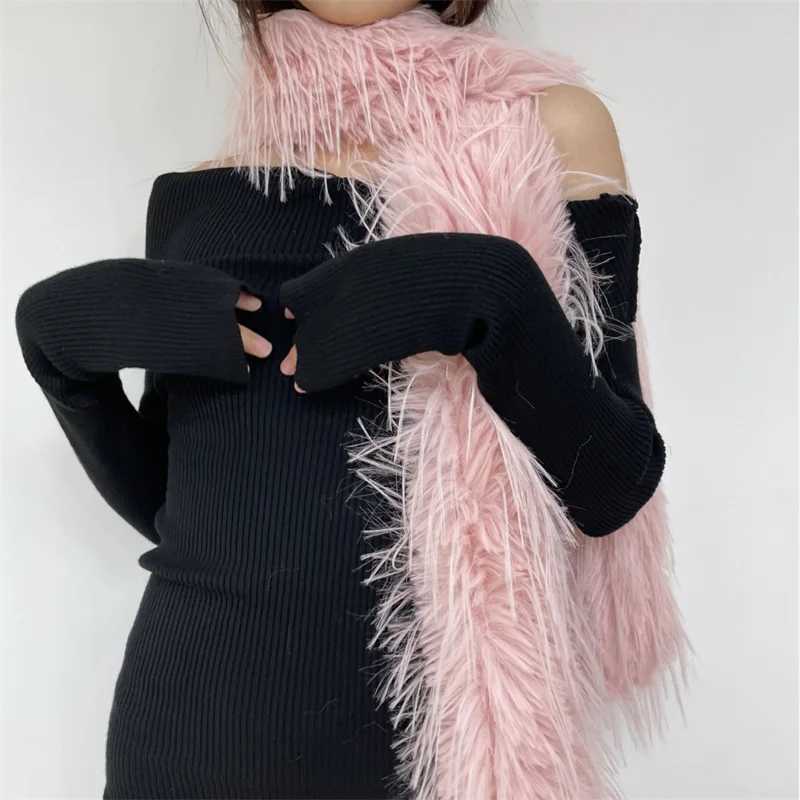 Korean Designer Runway Style Thick Scarf Fashionable Plush Long Strip Scarf Womens Imitation Mink Fur Y2K Girl Scarf for WarmJ251129