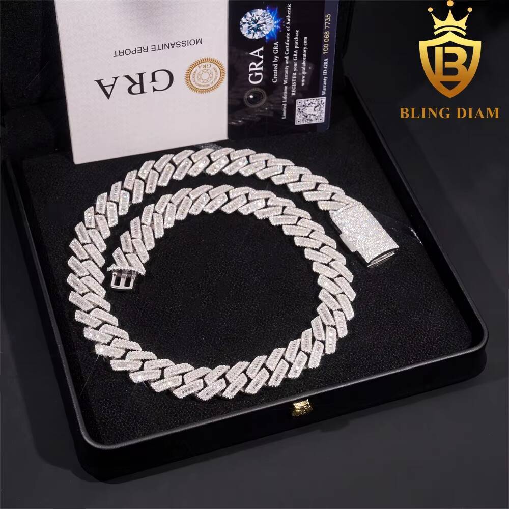 Hot Sale 18mm Mens Iced Out Miami Hip Hop Chain Necklace 925 Sterling Silver Cubic Moissanite Baguette Cut Cuban Link Chain GRA