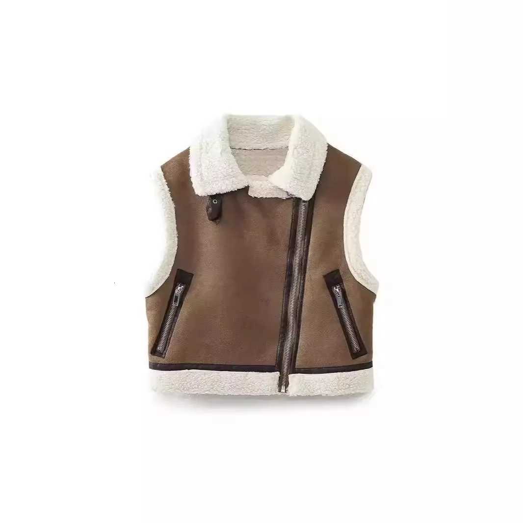 2024 Fashion Elegant Women Thickening Warm Zip Waistcoats Coat Female Faux Leather Lambswool Patchwork Sleeveless Casual VestT251129