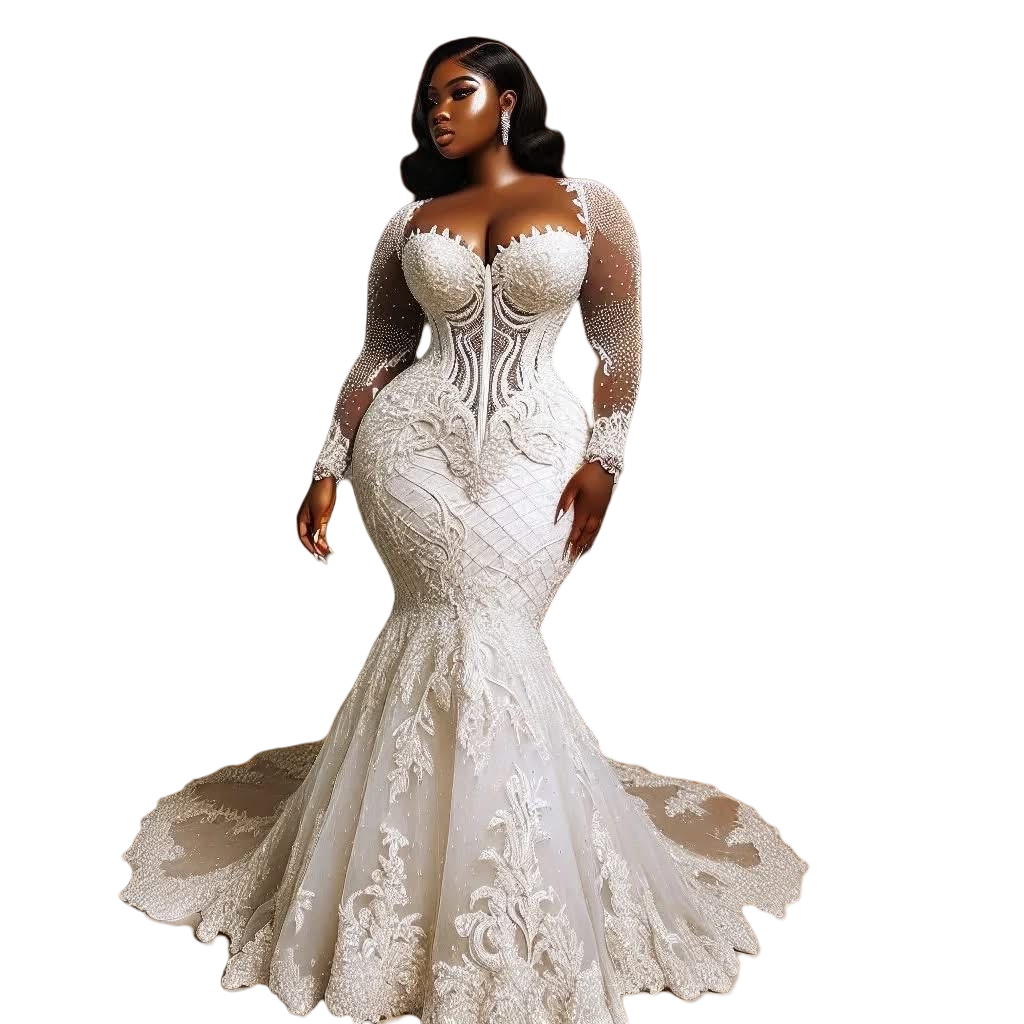 2025 Oversize Aso Ebi Plus Size Ivory Wedding Dress Lace Beaded Full Sleeves Elegant Vintage Bridal Gowns Dresses ZJ066
