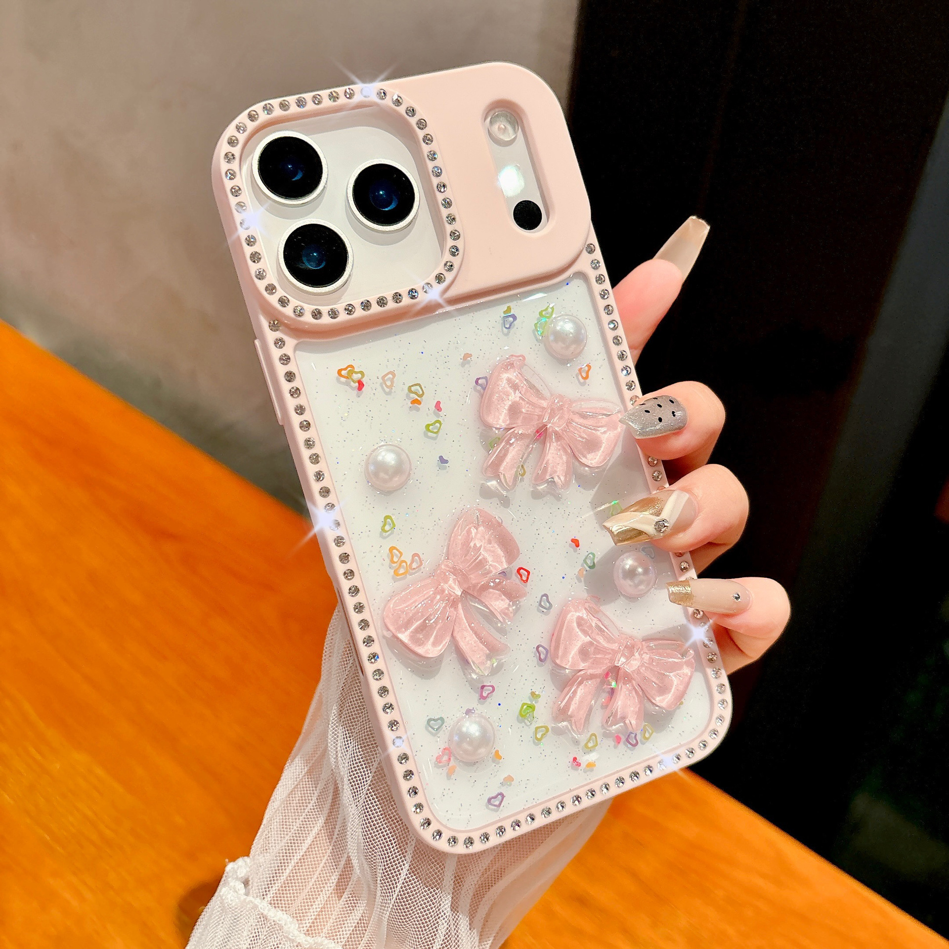Transparent Bowknot Phone Case Suitable iPhone 17 Pro Max Edge Drill Glitter for Apple16/15 Protective Case