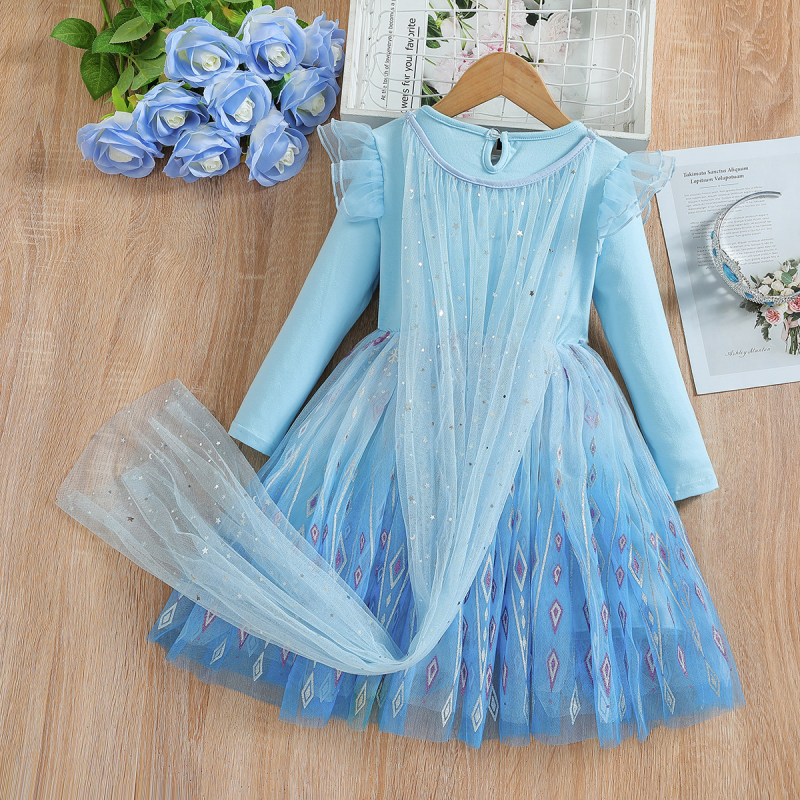 Disney Elsa princess dress for girls princess dress birthday outfit dress beach dress long sleeve puffy tulle dress girls clothing comfortable and sof
