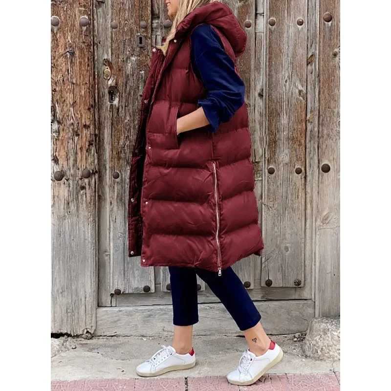 Women Hooded Vests Jackets Winter Long Cotton Vest Casual Fashion Coats Outwear Single-breasted Sleeveless Jacket Keep WarmT251129