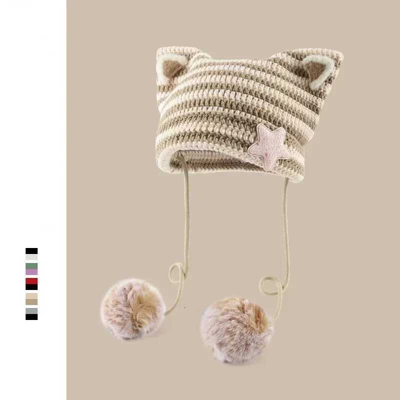Handmade Y2k Japanese Cat Ear Beanies Rabbit Hair Pom-pom Striped Sweetheart Girl Knit Cap Autumn and Winter Warm Womens HatsXJ251129