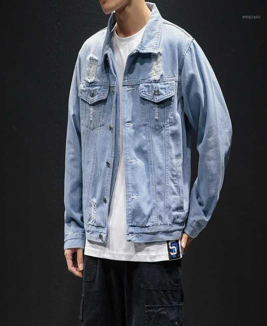 Men Light Blue Denim Jackets Holes Jean Male Jackets Clothing Leisure Coats Mens Cotton Outwear Jeans Plus Size Outwear14784203