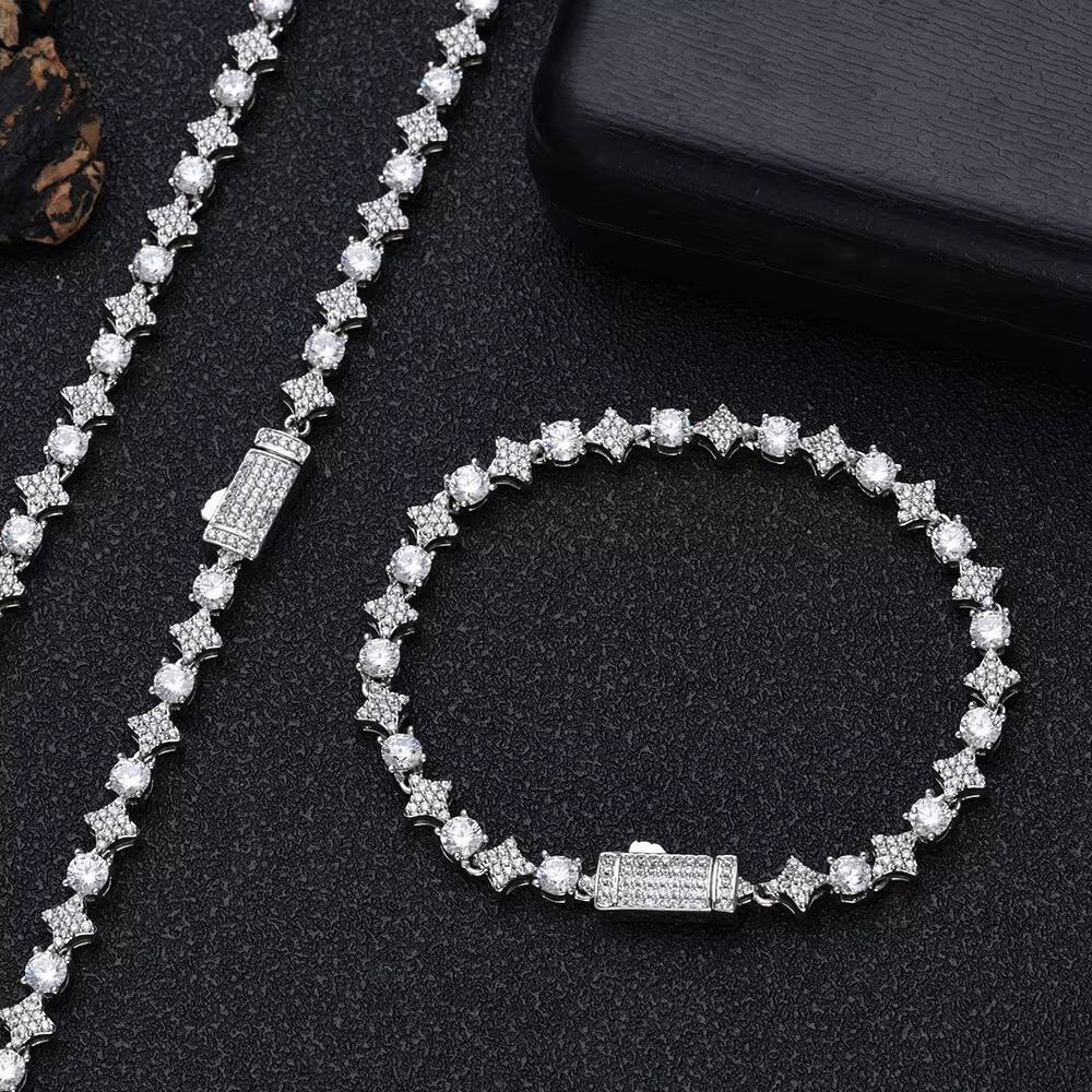 NUOYA 6mm Sparkling Diamond Tennis Chain Hip Hop Jewelry Iced Out Spring Clasp Round Zircon Star Tennis Chain Necklace for Gift
