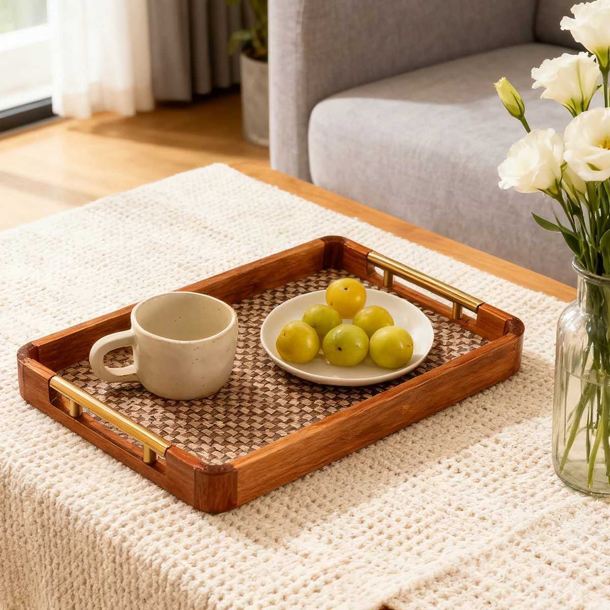 Wood Rattan Ottoman Tray Gold Handles 177x118 Kitchen Bedroom Storage Multi Use Y251129