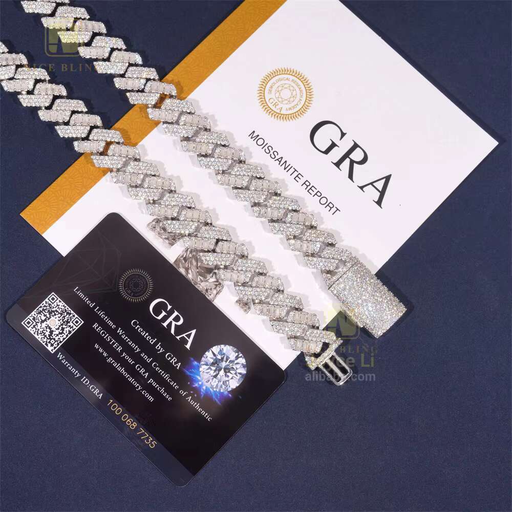 New Arrival Top Quality 15mm Two Rows Baguette Iced Out Moissanite Diamond Cuban Link Chain