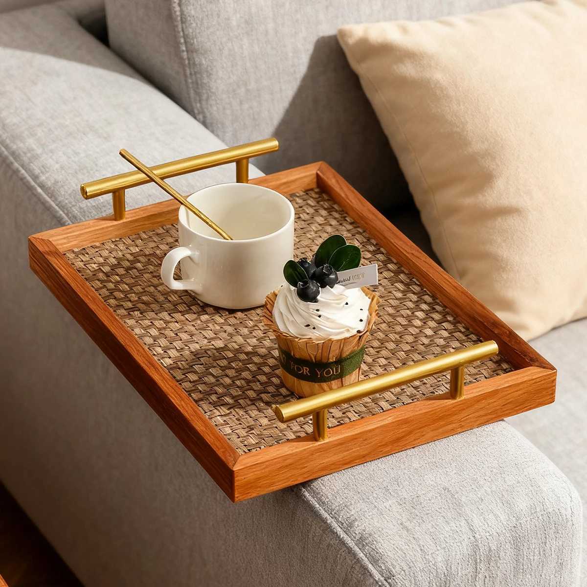 Luxury Gold Handle Wood Tray - Bohemian Rectangular Woven Rattan Bottom for Coffee/Bedroom/Jewelry/Kitchen Y251129