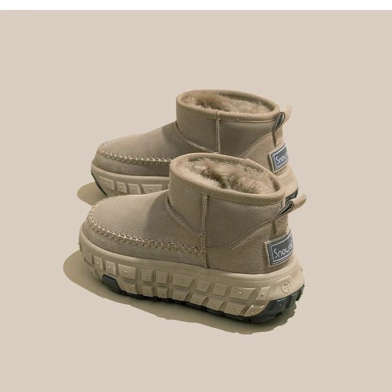 New Design Durable and anti-slip thick-soled winter cotton shoes, fur integrated snow boots with fleece, low-top outer wear, thick-leather cotton boot