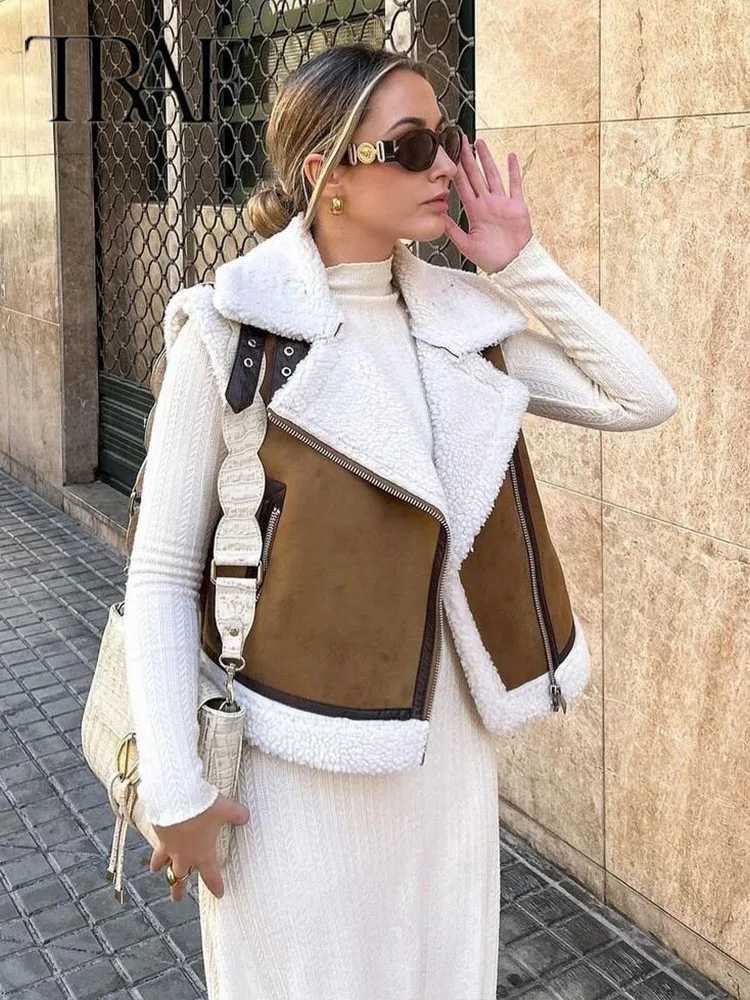 2025 Autumn Female Fashion Faux Leather Lambswool Patchwork Sleeveless Vest Jacket Thickening Warm Zip Waistcoats CoatT251129