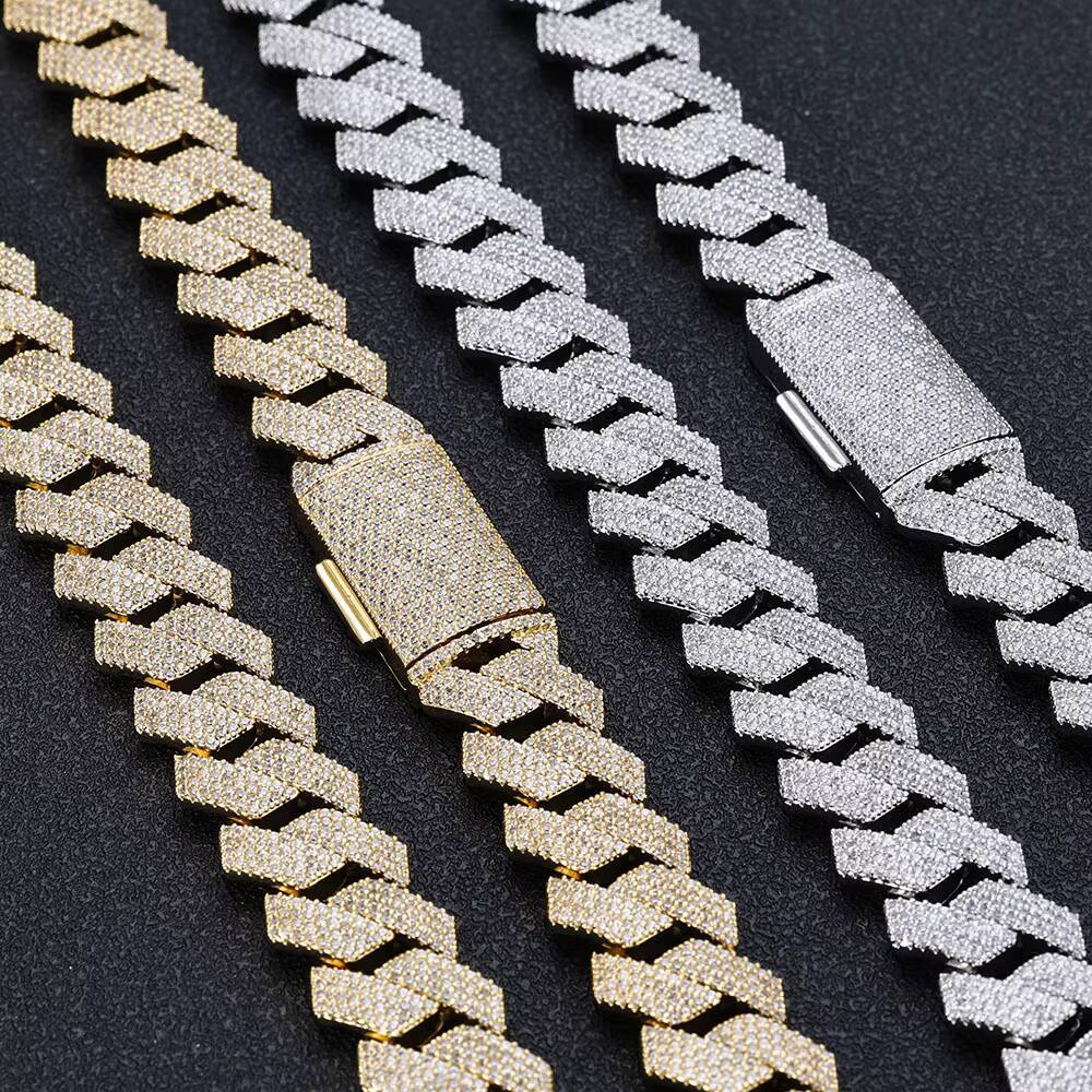 Eskeem Hip Hop Jewelry 15mm 4 Rows Iced Out CZ Stone Prong Cuban Chain Necklace Silver Plated Prong Miami Cuban Link Chain