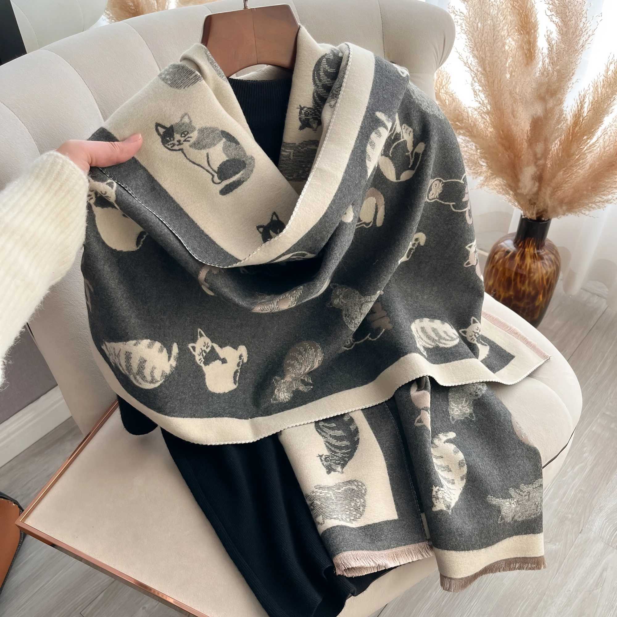 Latest Animal Jacquard Kitty Scarf Imitation Cashmere Soft Warm Fringe Shawl Autumn Winter Coldproof Windproof Blanket ScarfJ251129