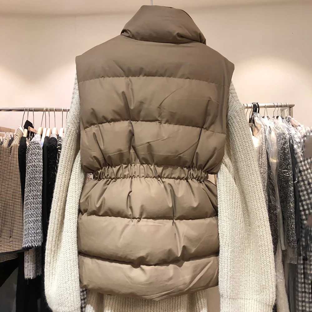 Women Cotton Padded Wasitcoat Elastic Waist Belt Slim Sleeveless Jackets Fall Winter Thick Warm Stand Collar Quilted Jacket VestT251129