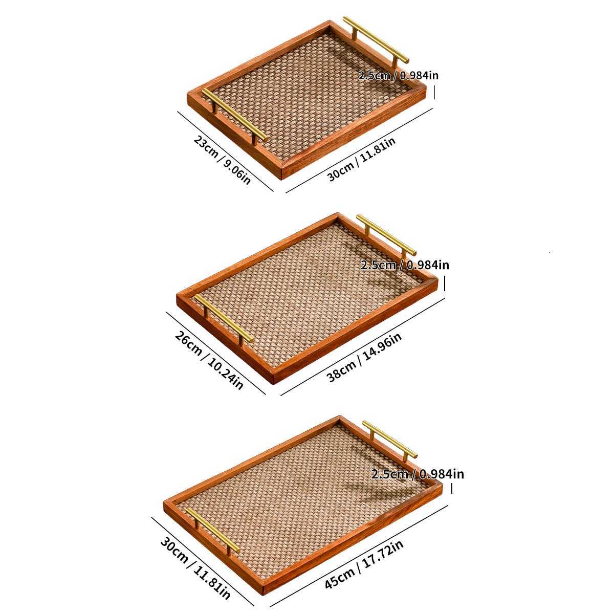 Luxury Gold Handle Wood Tray - Bohemian Rectangular Woven Rattan Bottom for Coffee/Bedroom/Jewelry/Kitchen Y251129