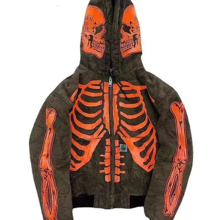 Skull Print Hooded Long Sve Sweatirt Casual Loose Fit Youthful Printed Hoodie Zipper Closure Comfortable Spring Autumn Top 251128