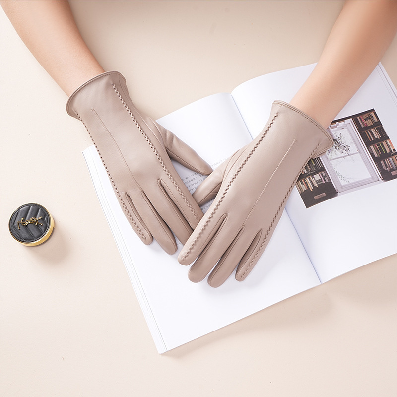 Womens sheepskin gloves winter warm plus velvet short thin touch screen driving color womens leather gloves 251112