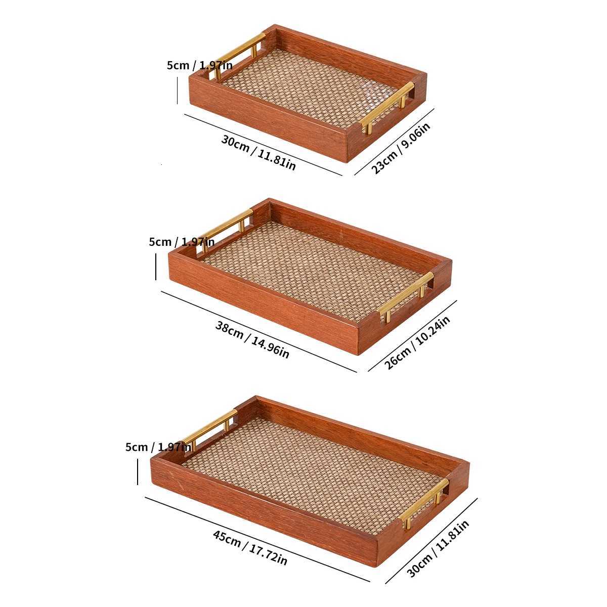 Solid Wood Rectangle Serving Tray with Metal Handles - Coffee Table Kitchen Decor 177x118 BrownPlastic rattan base Y251129