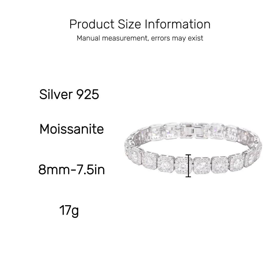 GRA Certified Moissanite Iced Out 8mm 925 Silver Square Tennis Bracelet Diamond Tester Pass Hip Hop Bling Jewelry for Men