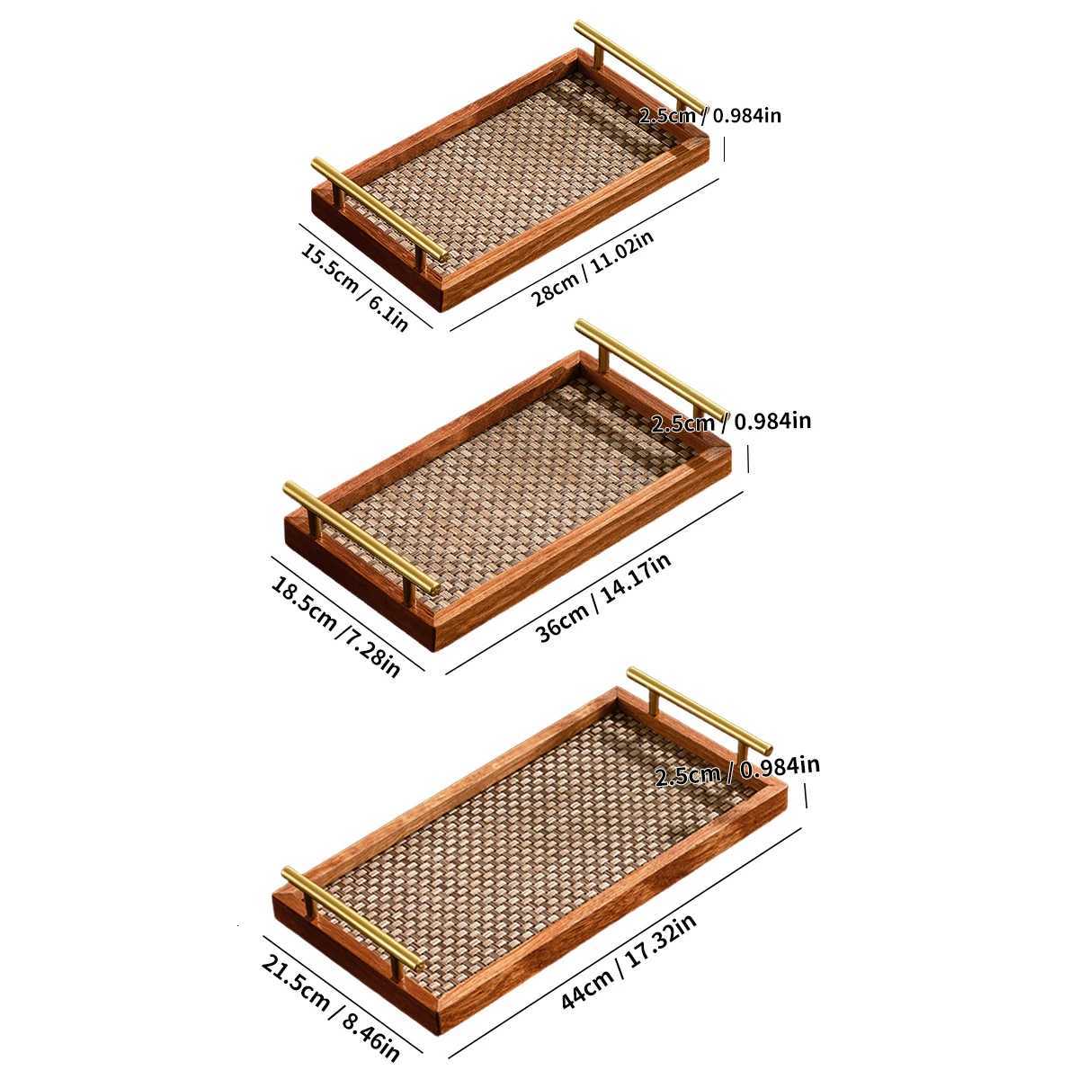 Solid Wood Bohemian Rustic Gold Handle Tray 173 Serving Decor for Coffee Table Bedroom Kitchen Jewelry Display Woven Bottom Y251129