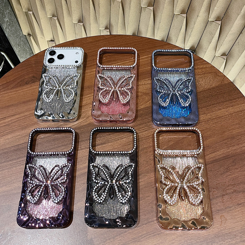 Hollow Large Butterfly Rhinestone Phone Case Compatible with iPhone 17 Pro Max Water Ripple Electroplated Soft Case iPhone 16/15