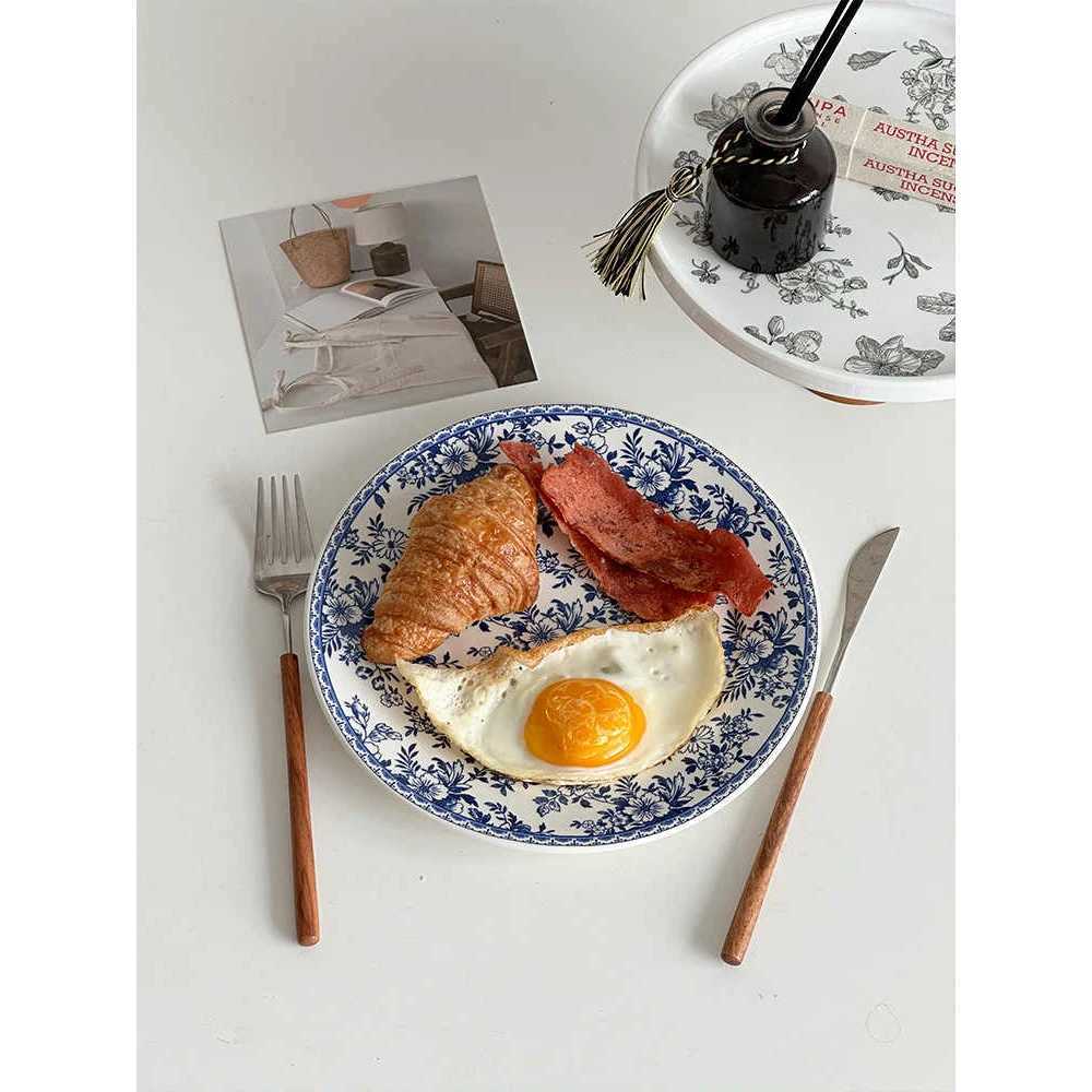 Luxury Porcelain Plate European Style Vintage Floral Round Flat Tableware Afternoon Tea Dessert Cake Sausage Fried-Egg Breakfast Plates Y251129
