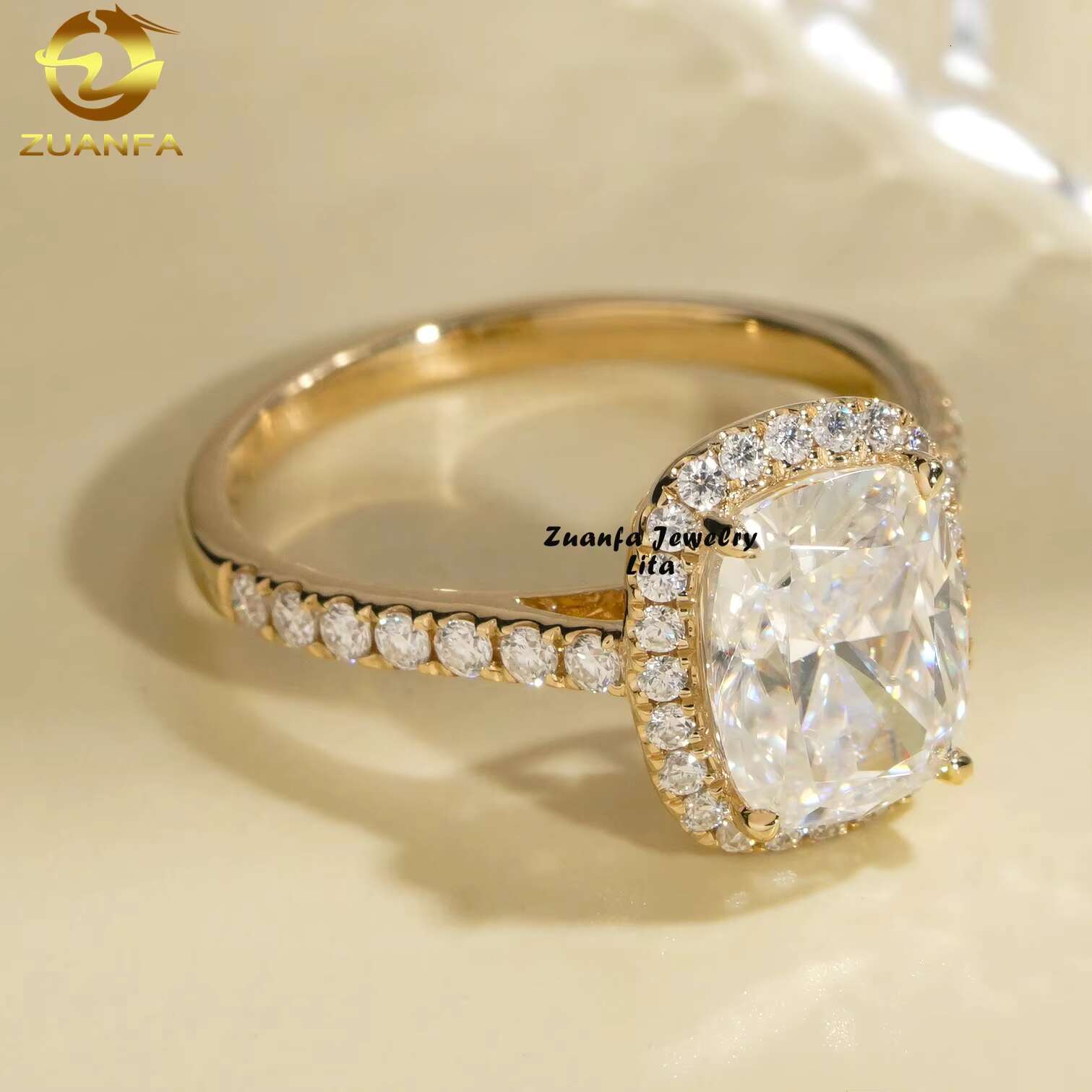 Classic Halo Design 14k Yellow Gold Long Cushion Cut 3ct VVS Moissanite Ladies Engagement Ring
