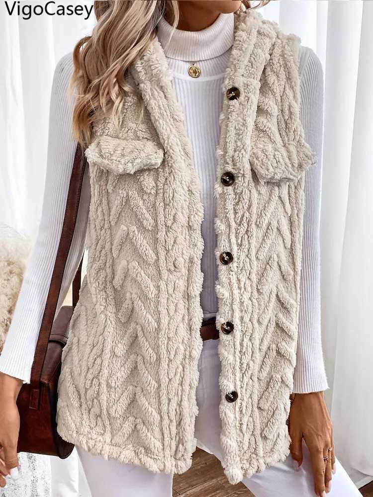 VigoCasey 2025 Apricot Sleeveless Vest Coat Woman Single-breasted Warm Plush Waistcoat Lady Autumn Winter Hooded Vest JacketT251129