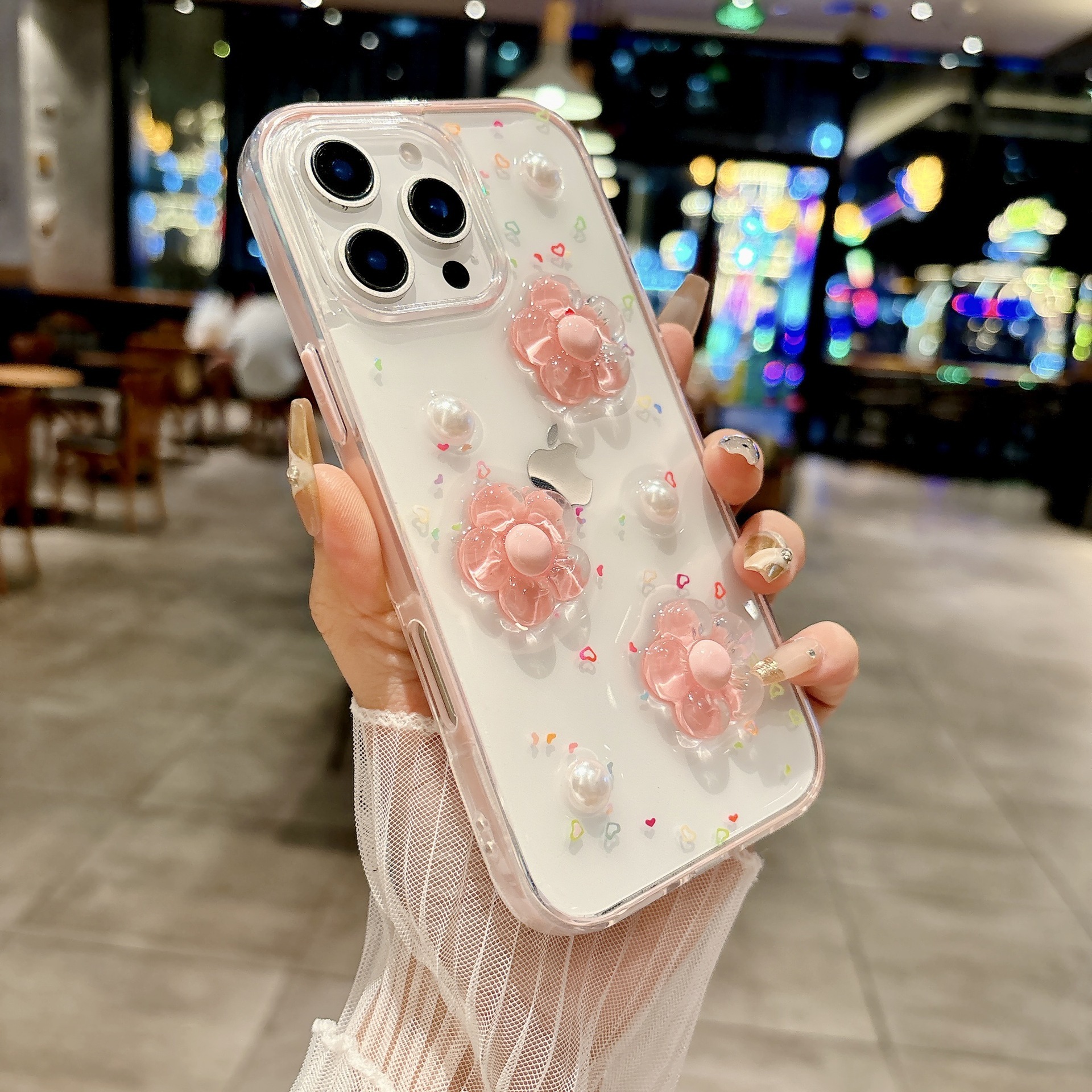 Pearl Candy Flower Phone Case Suitable for iPhone 16/15 Pro Max Transparent Resin Protective Case iPhone 14/13