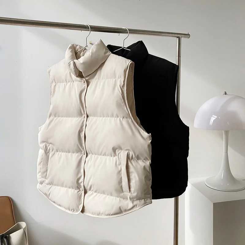 Stand Neck Puffer Cotton Vest Beige Black Autumn Winter Loose Vest Women JacketT251129