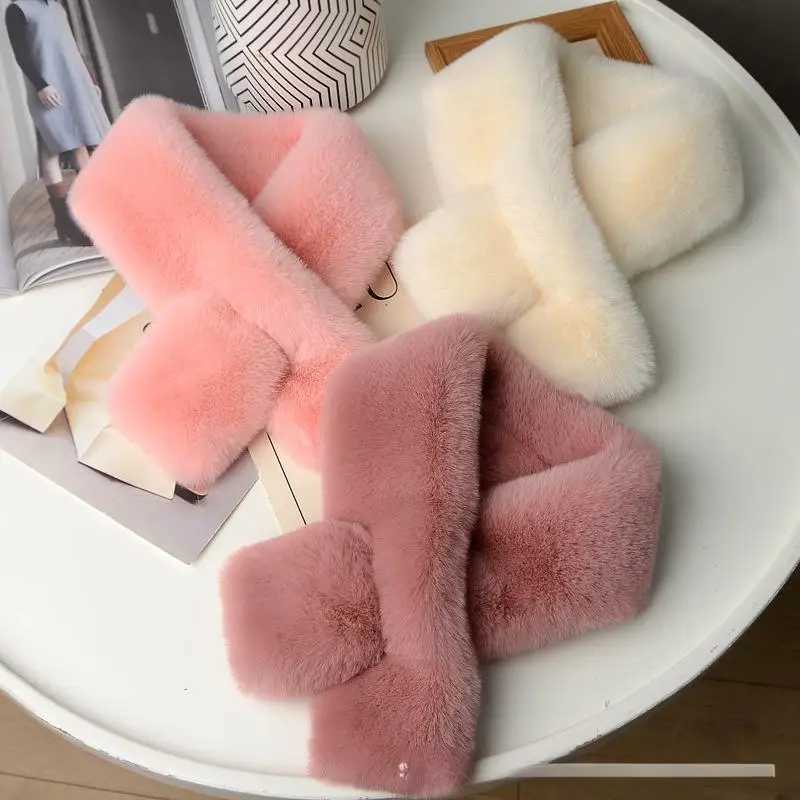 Solid Color Autumn Winter Cold Resistant Women Neck Collar Scarf Plush Cross Scarf Faux Rabbit Fur Thickened Soft Scarves XWJ112J251129