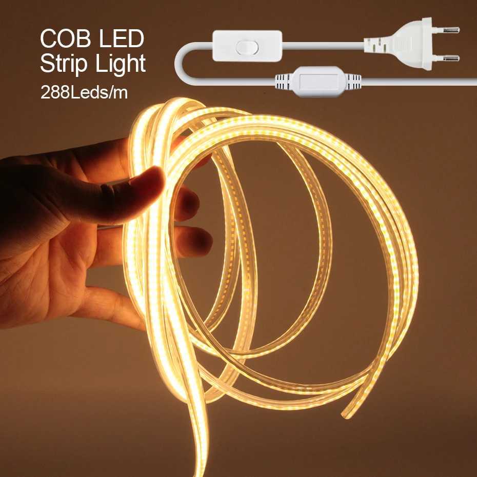 Super Bright 220V COB LED Strip Light 288LEDs/m IP65 Waterproof with EU/AU Switch Plug CW/WW/NW for Room Garden Decor Lighting M251129