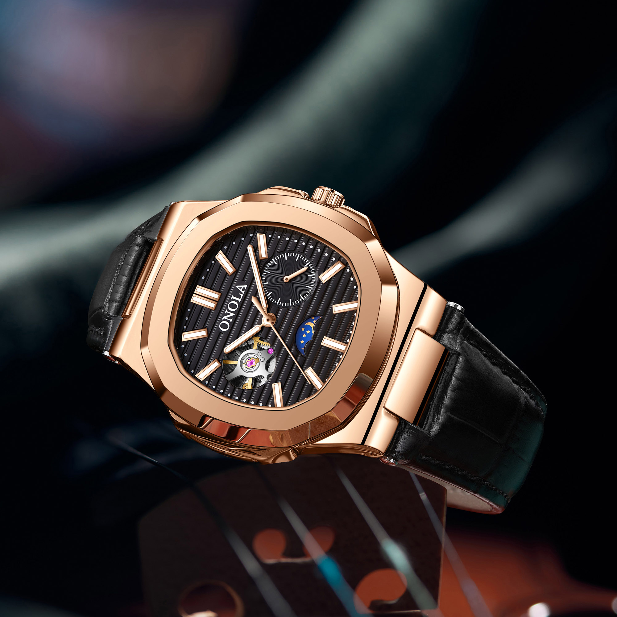 Retro Sport Automatic Mechanical Watch with Integrated Leather Strap Chronograph Moon Phase Function and Waterproof Elegant Design for Daily Wear ,Gif