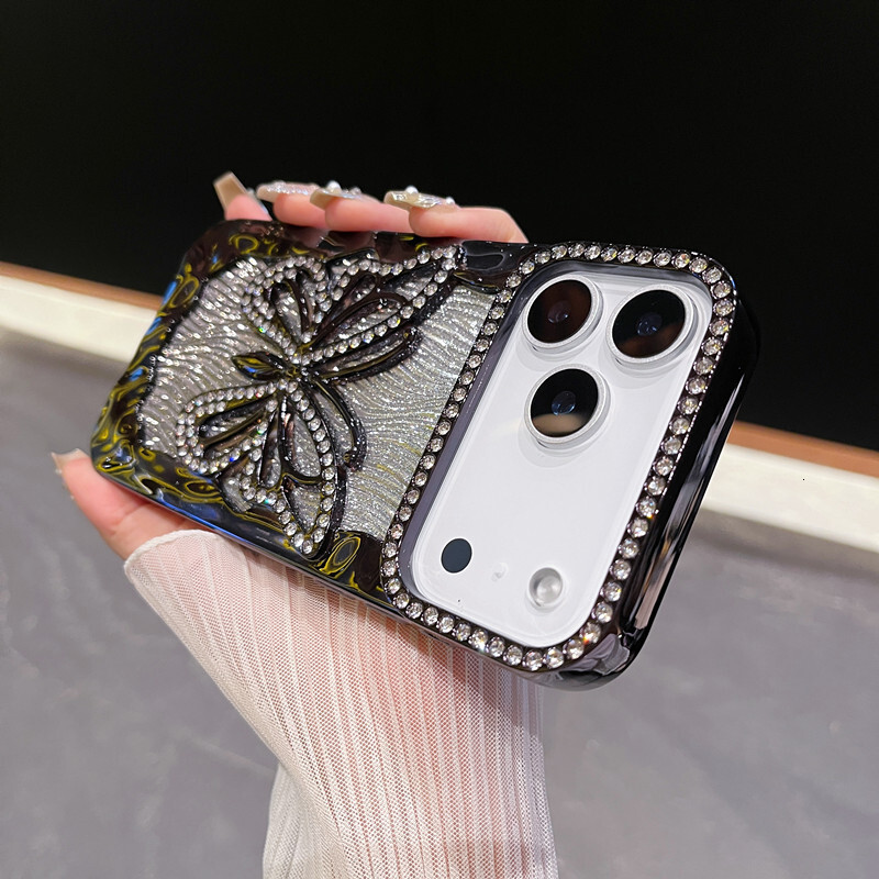 Hollow Large Butterfly Rhinestone Phone Case Compatible with iPhone 17 Pro Max Water Ripple Electroplated Soft Case iPhone 16/15