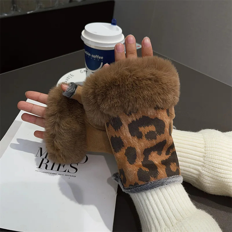 Fashion Leopard Print Suede Leather Rabbit Fur Wrist Plush Gloves Women Winter Thicken coldproofOutdoor Cycling Half Finger Warm 251228 - view 3