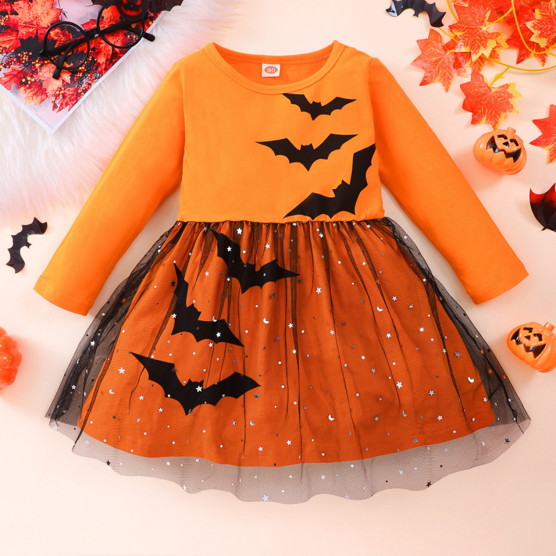 Disney Halloween long-sleeved bat wing dress with net skirt for girls princess dress for autumn party comfortable and soft for little girl to wear Fem