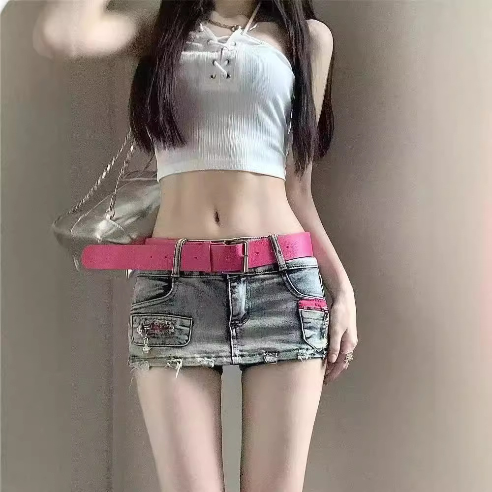 Skirts European and American y2k spicy girl ultra short skirt, women's summer hip lifting denim shorts, low waist sexy A-line hip hugging half bo