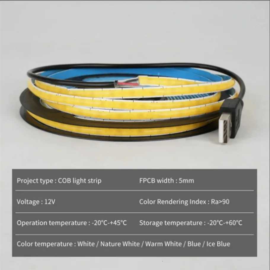 DC 5V/12V USB COB Strip 5mm 400Leds/M White/Ice Blue/Neutral light/Warm Flexible Ribbon Rope Night Lamp TV Backlight LED Strip M251129