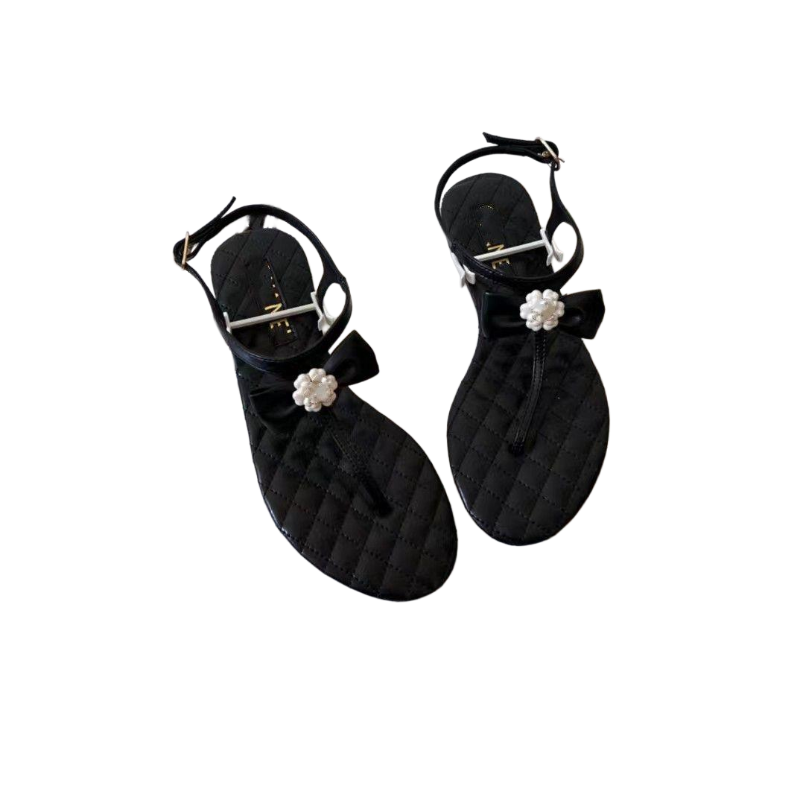 Designer shoes Fairy Little Fragrant Wind Bow Clip Feet Sandals 2024 Summer New Lingge Leather Surface Flower Round Head Flat Bottom Sandals