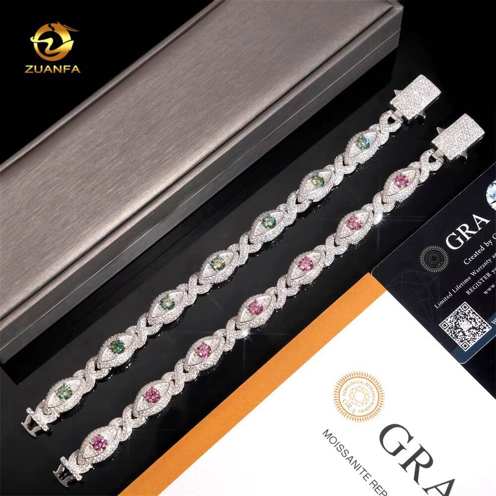 12MM Hip Hop Jewelry Iced Out Men Cuban Bracelet Evil Eye 925 Silver Color Moissanite Bracelet Spring Box Lock Pass Diamond Test