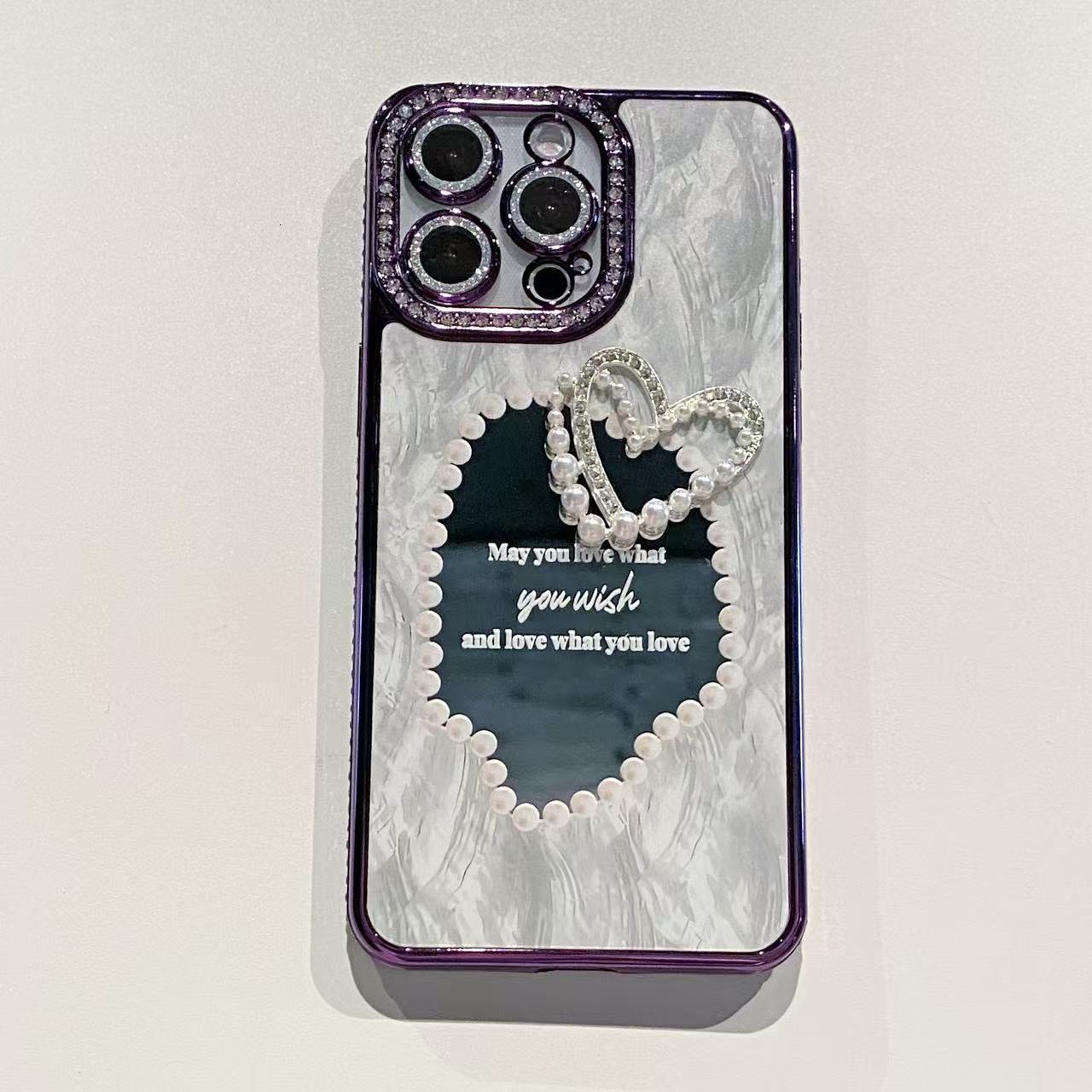 Mirror 3D Pearl Heart Phone Case iPhone 16/15 Pro Max Compatible with Apple 14 Pro Diamond Edge Electroplated Protective Case