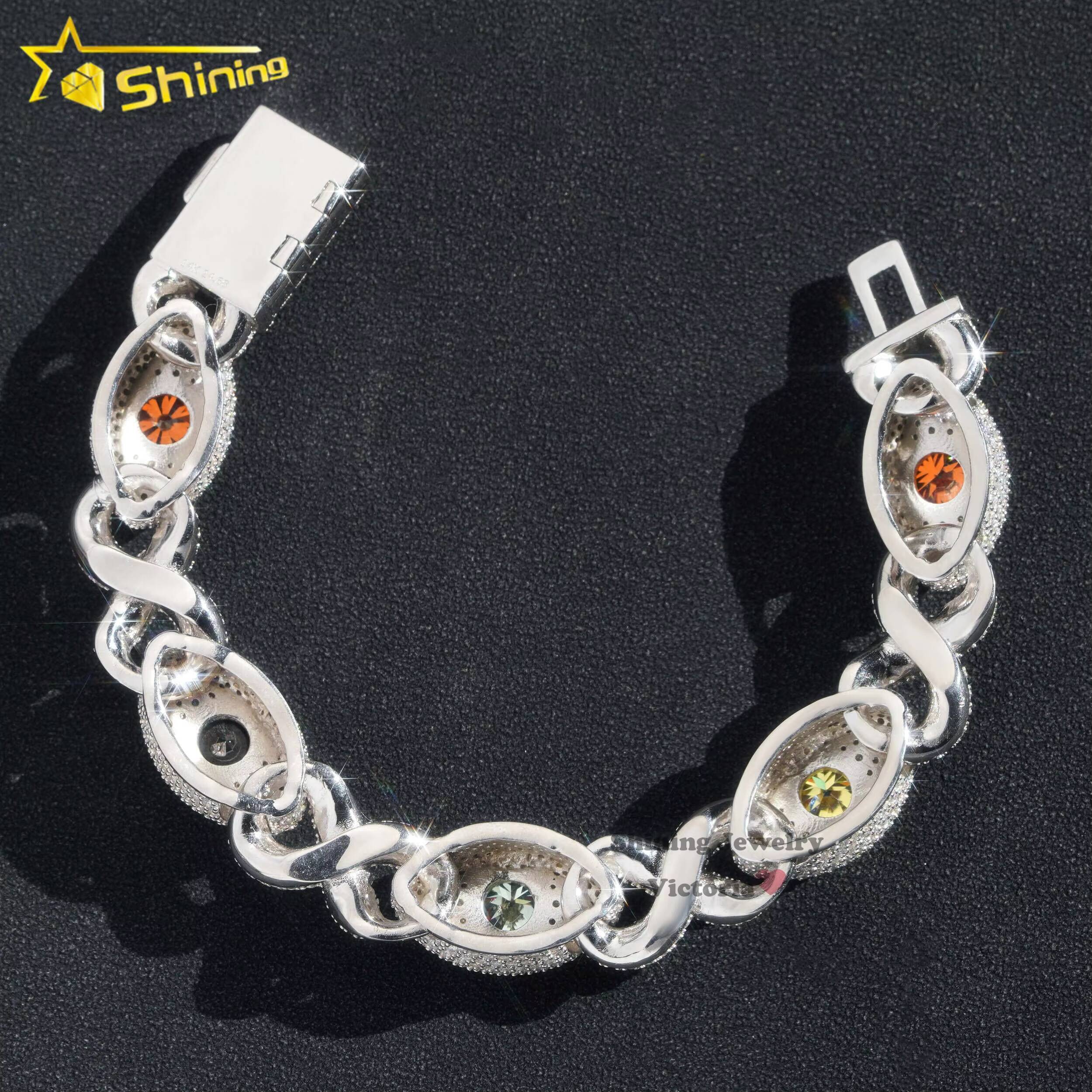 Fine Jewelry Iced Out 925 Sterling Silver 15mm Width Evil Eyes Cuban Link Moissanite Bracelet with Color Moissanite