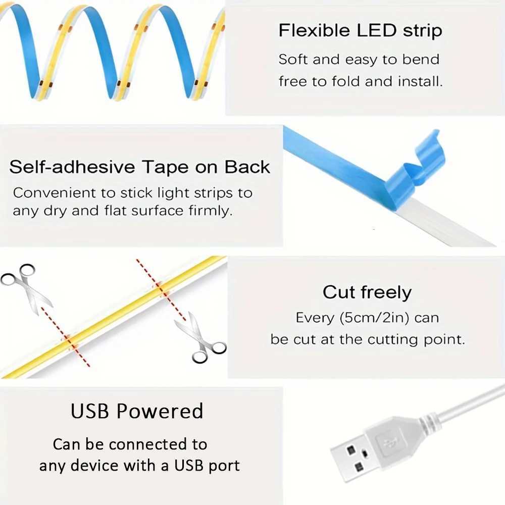 COB Led Strip Lights USB 5V Led Lights with 3 Key Dimmer Switch for Home Cabinet Dressing Table TV Mirror Backlight M251129