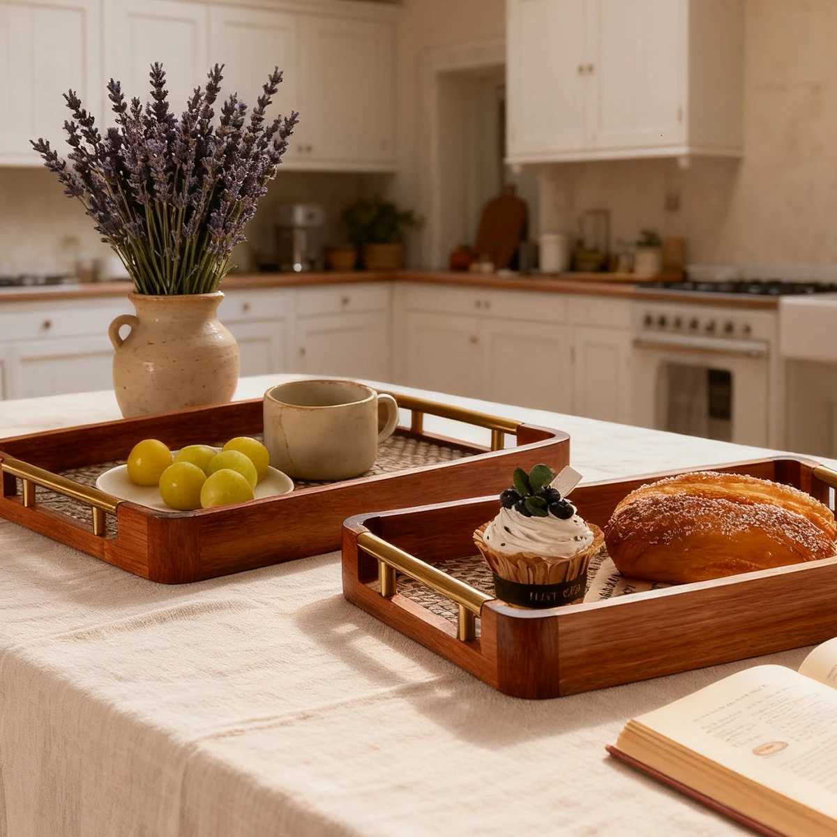 Wood Rattan Ottoman Tray Gold Handles 177x118 Kitchen Bedroom Storage Multi Use Y251129