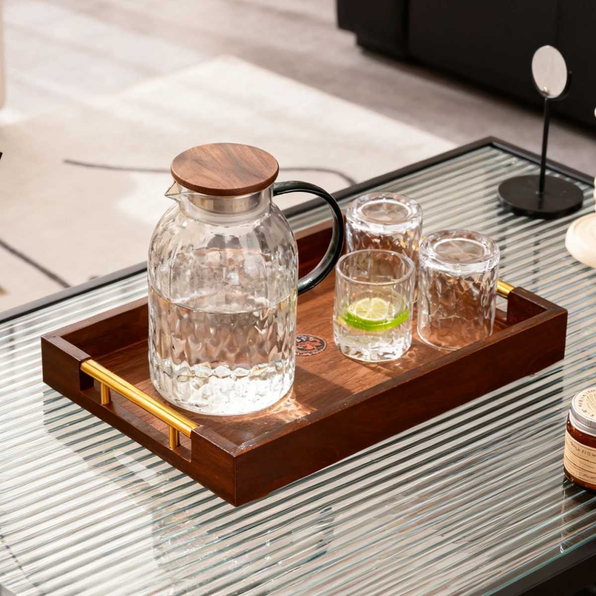 Rustic Solid Wood Rectangle Ottoman Tray with Gold Handles - Durable Home Decor Food Tray for Coffee Table Kitchen 177x118 Y251129