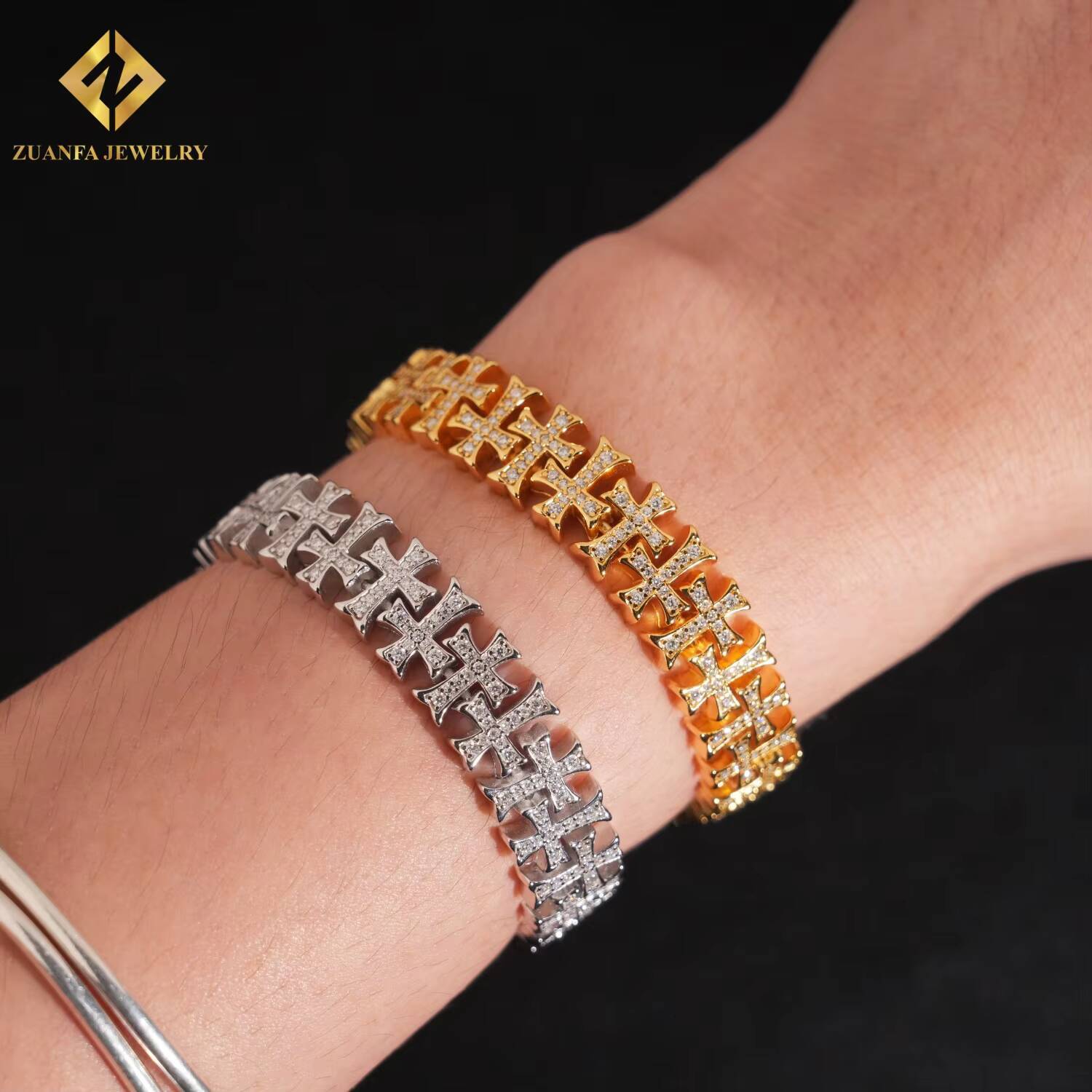 Zuanfa Jewelry Vvs Moissanite With a Cross Charms Bracelet 925 Silver Men Hip Hop Iced Out Cuban Chain for Men