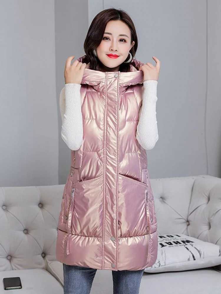 Winter New Mid-length Bright Vests Women Hooded Thick Warm Cotton Padded Sleeveless Waistcoat Coat Female Jackets Parkas VestT251129