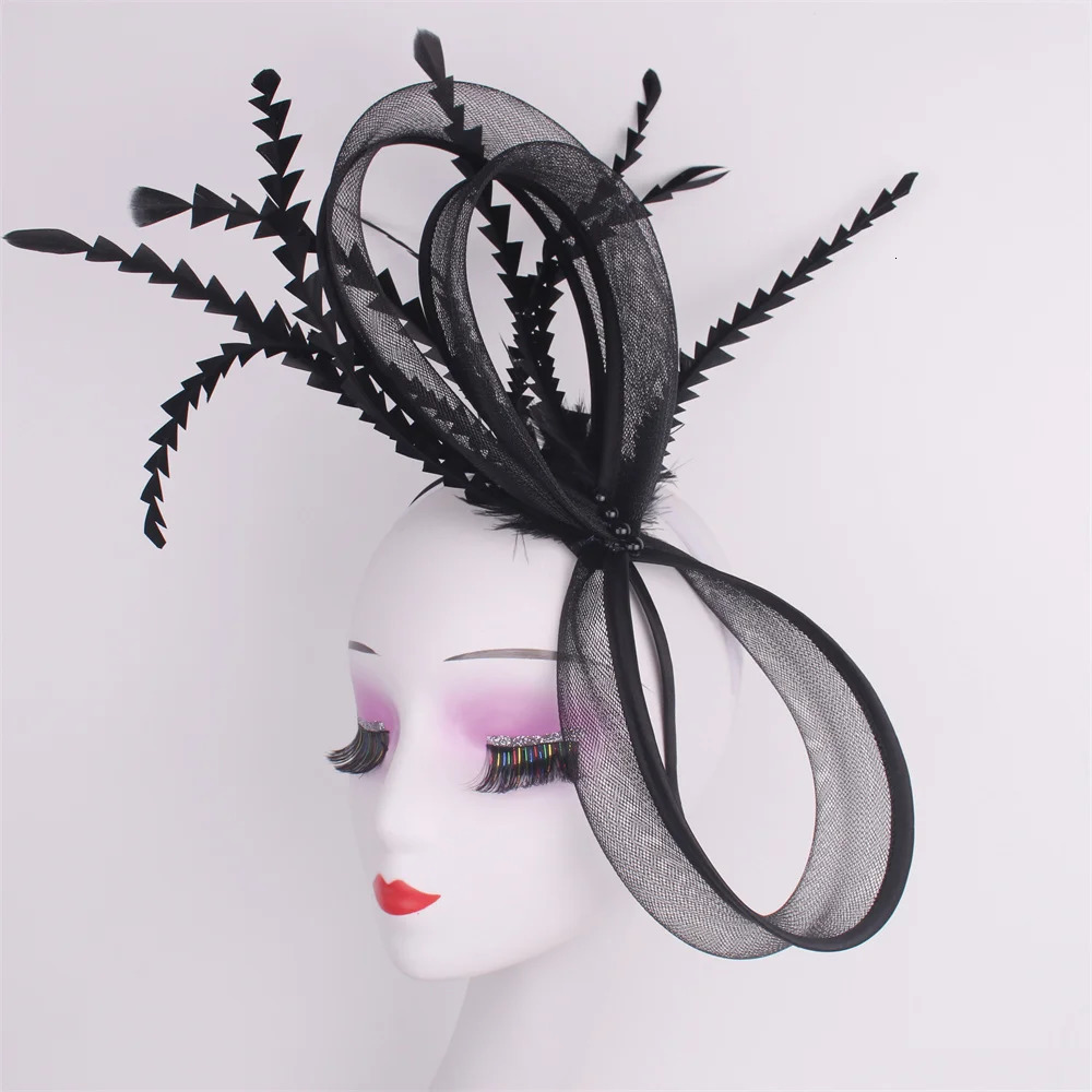 Women Black Chic Fascinator Hat Cocktail Wedding Party Church Headpiece Elegant Headwear Feather Hair Accessories Bride Hairpin 251228