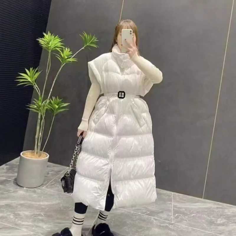 Tight Waist Long Duck Down Vest Coat Womens Fashion Thick Stand Collar Warm Jacket Sleeveless Vest Puffer CoatsT251129